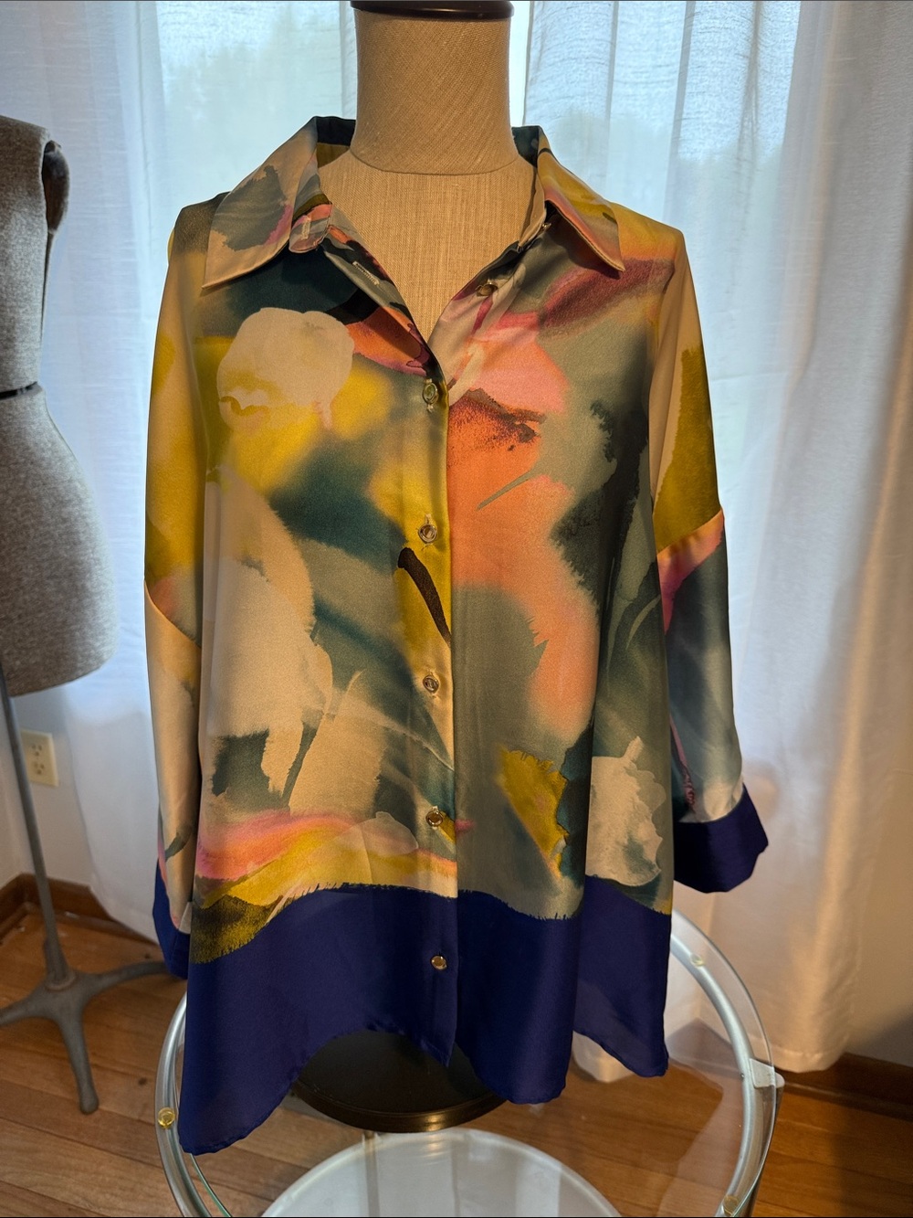 Zara Abstract Watercolor Button-Up Blouse in Multicolor